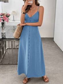 SHEIN LUNE Đầm màu xanh lá cây nhạt, chất liệu giống vải lanh, thân thiện với da, thích hợp cho kỳ nghỉ hè của nữ, kiểu dáng thường ngày. - Màu xanh lam - Xem 4