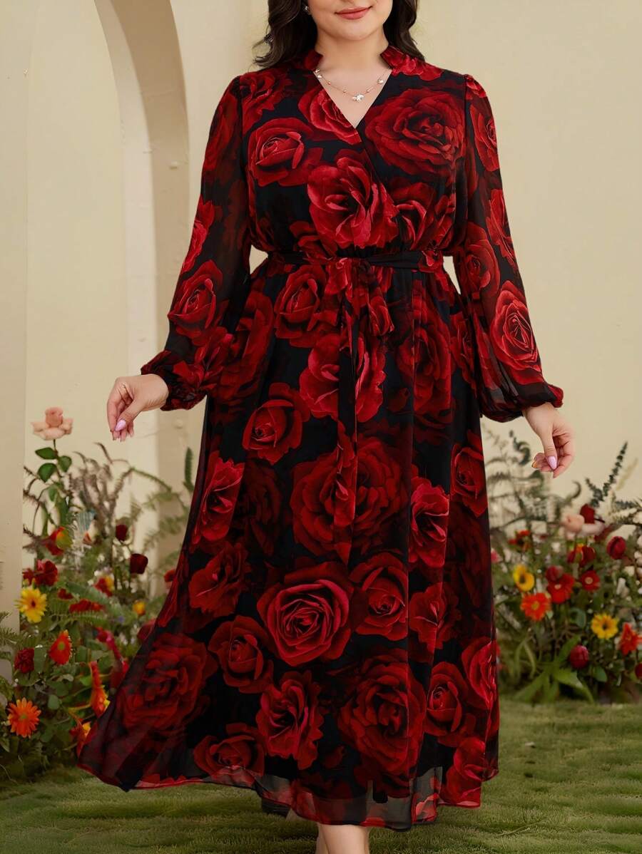 Modelyn Plus Size Elegant Rose Print Keyhole Neck Lantern Sleeve Dress - Multicolor - View 1