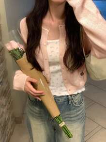 DAZY 宽松简约轻薄女士开衫，青春气息，重返校园服装 - 粉色 - 查看 5