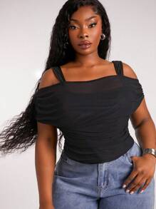 SHEIN SXY 大码女式时尚街头时尚修身弹力涂层皮革和网眼分层褶皱短 T 恤，适合日常穿着、西部装、邮轮装、音乐节、音乐会、狂欢派对、海滩度假、约会之夜、生日、单身派对、俱乐部、可爱、休闲、购物、街头服饰、外出，易于搭配且看起来苗条，凸显身材，修饰身材 - 黑色 - 查看 1