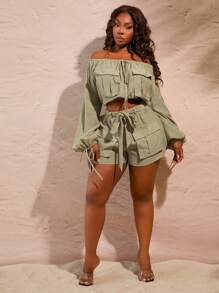 SHEIN SXY Plus Size Women's Green Solid Color Waist-Tie Cargo Pocket Casual Shorts With Free Belt, Elegant For Spring/Summer Dating, Club, Valentine's Day, Wedding - Green - View 13