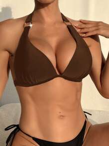 Swim DD+ 大码纯色三角杯吊带金属装饰钢圈聚拢比基尼上衣