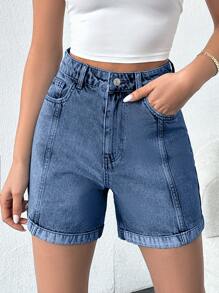 RueChic Slant Pocket Fold Up Front Opening Denim Shorts - Medium Wash - View 3