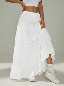 SHEIN PETITE 女式纯色腰带荷叶边下摆休闲裙 - 白色 - 查看 8
