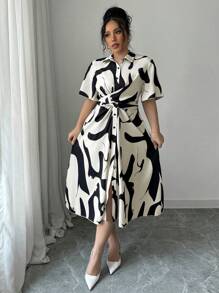Elenzga 休闲大码衬衫领短袖印花连衣裙