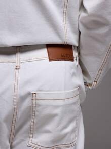 Musero Wide Leg Contrast Stitch Jeans Bottom Only - White - View 5