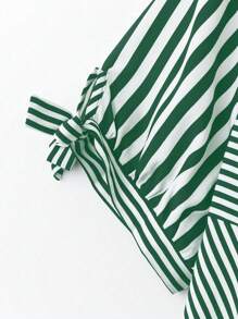 EMERY ROSE Elegant Women's Casual Striped Splicing Tie-Knot Design Ruffle Hem Round Neck Short Sleeve Plus Size Dress,White,Summer,Smart Casual,Vacation,Vintage - Dark Green - View 4