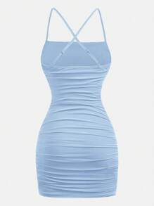 SHEIN Girlism Teen Girls Light Blue Mesh Knit Elastic Snug Fit Mini Camisole Dress, Suitable For Spring Summer, Valentine's Day, Party, Casual Wear - Baby Blue - View 2