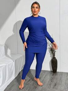 SHEIN Swim Curve 2pcs/Set Women Plus Size Solid Color Round Neck Long Sleeve Swimsuit Dress With Full Length Pants, Conservative Middle East Style Casual Beach Swimwear Set - Navy Blue - View 3