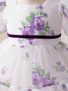 SHEIN Glamorique Kids Baby Girls' Organza Print Dress Purple Short Sleeve Puff Skirt, Children Easter Party Dress Chiffon Satin Flower Infant Princess Gown, Elegant Occasion Baby Girl Dresses Princess Baby Dress Baby Elegant Dress Party Dress For Baby