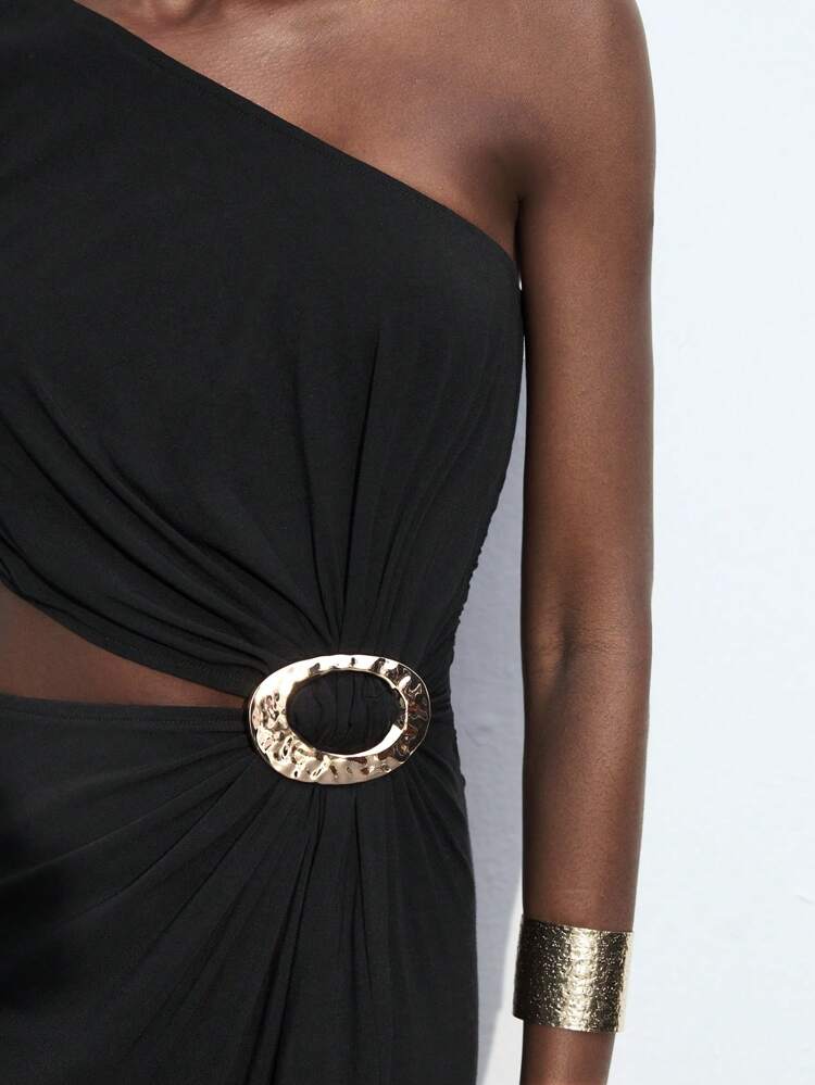 SHEIN Maija 2025 Summer New Wedding Guest Cocktail Dress, Modern Elegant Brunch Outfit, Airport Style, Bohemian Vacation, Music Festival, Easter, Graduation, Casual Daily Wear - Metal Waist Decor, Asymmetric Neckline, Mid-Length Easter Dress Women Romantic, Fashion, Versatile; Suitable For Summer Vacation, Comfortable, Bohemian Style, Beach Wear, Swimsuit Cover-Up, Stylish, Elegant, Casual, , Simple Daily Wear, Country Style, Essential, Solid Color, Holiday Casual, Decent, Single Lady, Ideal For Vacation Elegant Fashion Business Casual Woman Going Out Tops Graduation Outfit European Summer Hawaii Outfits Women Summer Dresses For Women Streetwear Women Stockholm Style Teacher Outfits For Women