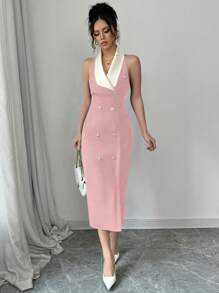 Elenzga Elegant & Refined Color Block Office/Party Dress - Pink - View 6