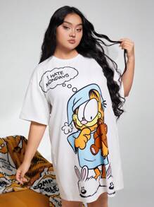 GARFIELD | SHEIN Plus Size Crew Neck Cartoon & Letter Print Short Sleeve Nightgown, Moo Moo Night Dress - White - View 8
