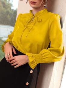 Mulvari Burgundy Red Women's Casual Solid Color Ruffled Sleeve Blouse, Spring And Autumn - Yellow - View 3