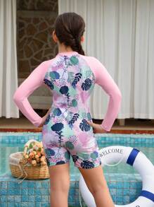 Traje de baño de una pieza con cremallera y manga larga, protección solar, estilo de vacaciones para niñas jóvenes