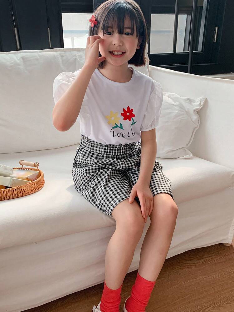 Tween Girl Floral Print Knit Top & Woven Plaid Shorts Fashion Set, Summer, Back To School Clothes