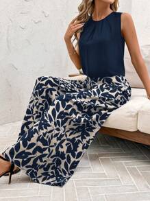SHEIN Clasi Summer Elegant Women's Black Collar Pleated Vest And Elastic Floral Print Pants Two Pieces Set, Suitable For Wearing In Various Occasions, Summer Sets