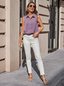 SHEIN Clasi 女士夏季休闲无袖纯色衬衫 - 淺灰紫 - 查看 6