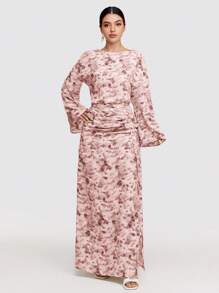 Veilorie 2 件套女士简约时尚休闲长袖上衣和裙子套装，适合日常穿着 - 粉色 - 查看 4