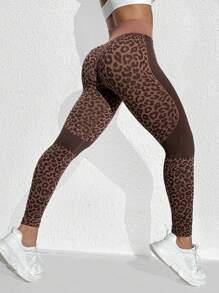 Easithlete 女士豹纹简约运动紧身裤瑜伽裤 - 咖啡棕 - 查看 6