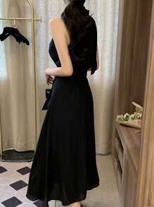 DAZY Elegant Ladylike Tie-Neck Waist Cinched Dress For Women - Black - View 3