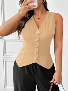 SHEIN Frenchy Plus Size Khaki Woven Fabric V-Neck Sleeveless Top With Decorative Button Casual Blouse - Khaki - View 7