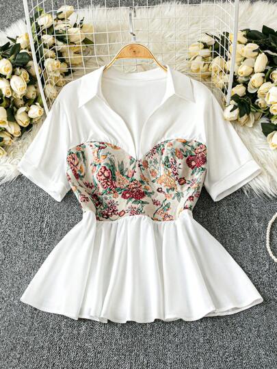 Celure Áo peplum cổ chữ V tay ngắn chữ A thanh lịch bán chạy dành cho nữ cỡ lớn, cổ điển, chất liệu jacquard không đối xứng, màu sắc khối