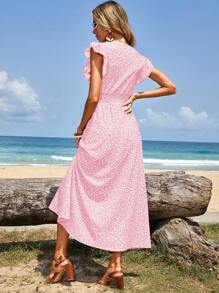 SHEIN Cottnline Women's Shirred Ruffle Sleeve Drawstring Waist Ditsy Floral Vacation Dress - Baby Pink - View 2