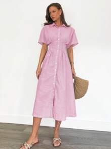 Siren Gaze 女士度假休闲条纹松紧腰前扣衬衫裙 - 玫紅色 - 查看 4