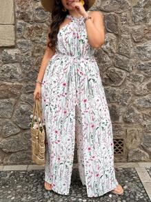 SHEIN VCAY Plus Size Floral Print Halter Jumpsuit For Holiday & Casual Wear - Beige - View 4