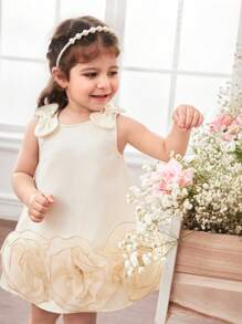 可爱优雅的杏色花朵蝴蝶结无袖女婴连衣裙 - 杏色 - 查看 4