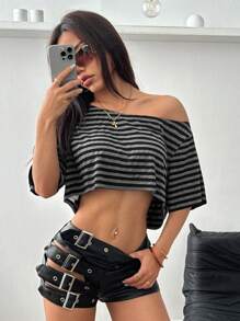 SHEIN ICON Summer Going Out Off The Shoulder Striped Asymmetrical Neck Short Sleeve Cropped T-Shirt - Grey - View 2