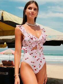 Swim Mod Summer Vacation Sexy Cherry Ruffle Hollow Back One-Piece Swimsuit For Women - Multicolor - View 6