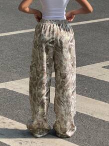 SHEIN EZwear 宽松女式树枝印花松紧腰阔腿休闲运动裤 - 卡其色 - 查看 2