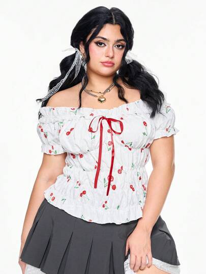 Kawaii Blusa con hombros descubiertos, encaje y bordado de cerezas en estilo retro Cottagecore para mujeres de talla grande