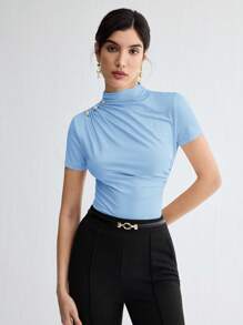 BizChic Áo thun nữ tay ngắn xếp ly màu trơn thanh lịch, hàng mới về, đa năng cho việc đi làm trong thành phố hiện đại, mặc hàng ngày, phong cách retro lãng mạn thập niên 90, phù hợp cho Giáng sinh, Năm mới, Ngày Valentine, tiệc tùng, đi biển, lễ tốt nghiệp, thời trang, lễ hội, kỳ nghỉ, khách dự đám cưới, bữa ăn trưa, sân bay, nhiều dịp khác nhau. - Màu xanh nhạt - Xem 11