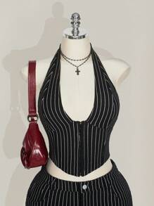 SHEIN ICON Plus Size Striped Halter Neck Backless V-Neck Top And Striped Bodycon Skirt 2 Pieces Set - Black and White - View 3