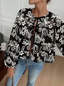 Serisse 女士休闲长袖衬衫，带结饰、荷叶边下摆和刺绣