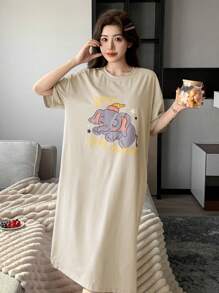 DAZY Cartoon Print Loose Fit Short Sleeve Women's Pajamas Dress - Apricot - View 4