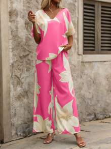 SHEIN Clasi 2pcs/Set Summer Floral Print V-Neck Top And Wide Leg Pants,Summer Sets - Hot Pink - View 6