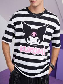 HELLO KITTY AND FRIENDS | SHEIN 男女款休闲宽松针织卡通图案黑白条纹印花短袖 T 恤，春夏 - 黑與白 - 查看 6