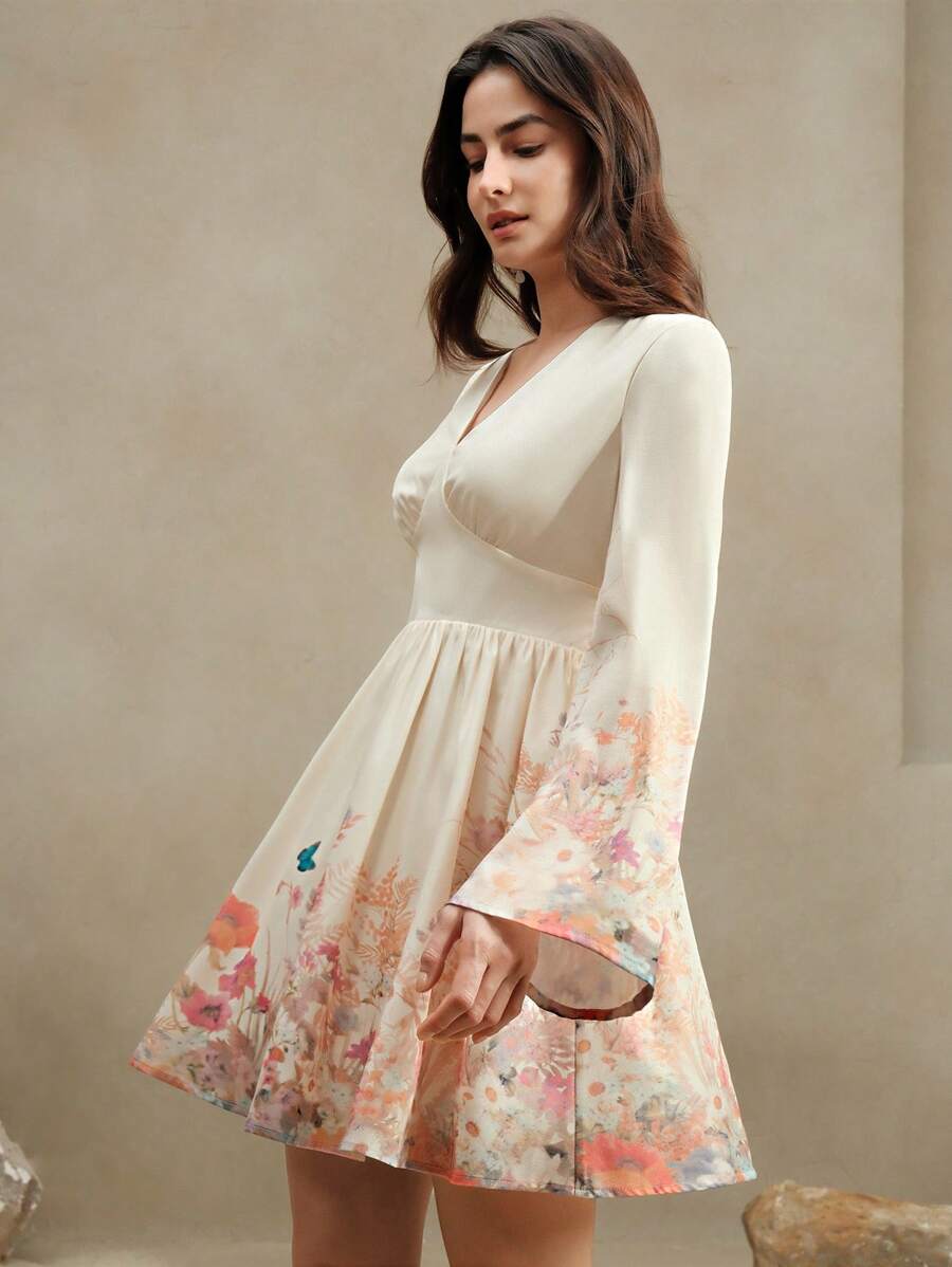 Anewsta 优雅花卉印花 V 领系腰喇叭袖节日派对礼服，适合情人节、新年、度假、波西米亚风、春季服装 - 橘色 - 查看 1