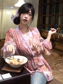 DAZY 2-In-1 Women's Ditsy Floral Tie Front Blouse & Dress, Elegant & Figure Flattering Long Sleeve Top Boho Vacation Outfits Women - Pink - View 1