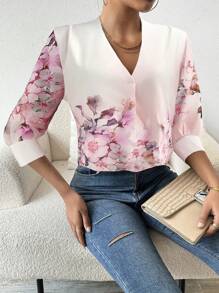 Chiquease Women's Elegant Floral Print Blouse For Commuting - Baby Pink - View 6