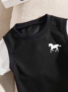 SHEIN Playful Pals 3件組男嬰夏季套裝 黑白華夫格面料 2合1上衣短褲與帽子 休閒海灘穿搭 日常戶外學校度假適用 - 黑與白 - 查看 4
