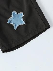 Tween Boys Fashion Cool Casual Embroidered Star Loose Shorts, Suitable For Sports And Outdoor, Spring/Summer - Black - View 3