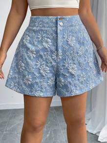 Elenzga Plus Size Women's Textured Fabric Button-Up Elegant Office Wear Shorts - Baby Blue - View 4