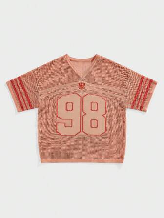 Prep Men Jersey Color-Block Striped Numeric Hollow-Out Knitted Sweater