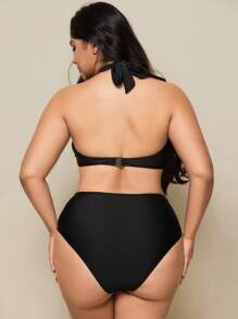 SHEIN Swim Plus Size Solid Color Simple Beach Swimsuit Set For Summer Beach Vacation - Black - View 2