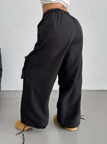 POPSWAY Pantaloni cargo dritti neri casual con tasche con zip, taglie comode per donne